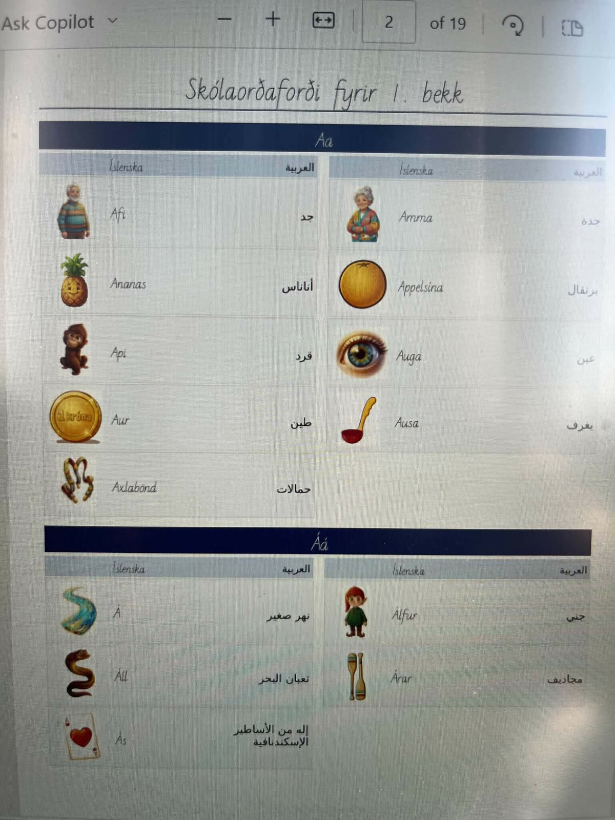 Skólaorðaforði fyrir 1.bekk, íslenska -arabíska